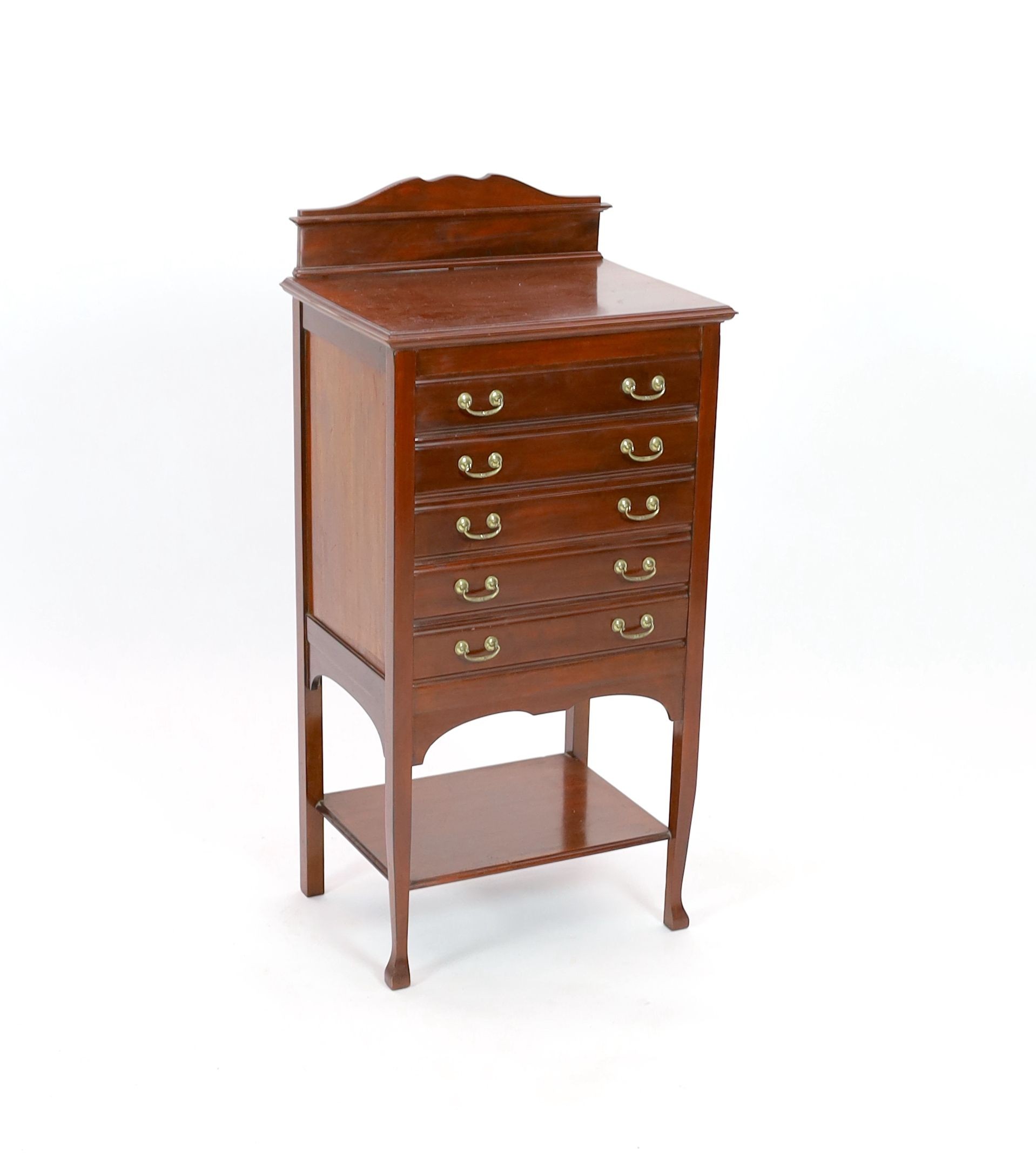 An Edwardian mahogany five drawer music cabinet, width 52cm depth 38cm height 108cm